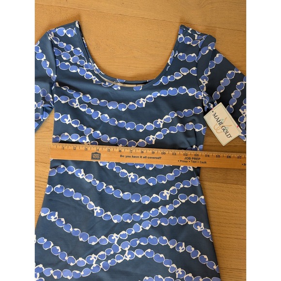 Mahi Gold Jersey Knit‎ Dress Scoop Neck 3/4 Sleeve Blue White Print XS - Picture 9 of 10